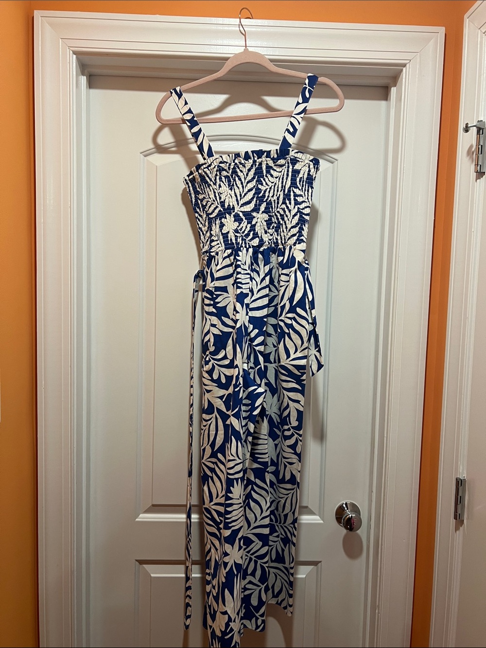 kate spade Blue and White Smocked Tropical Jumpsuit